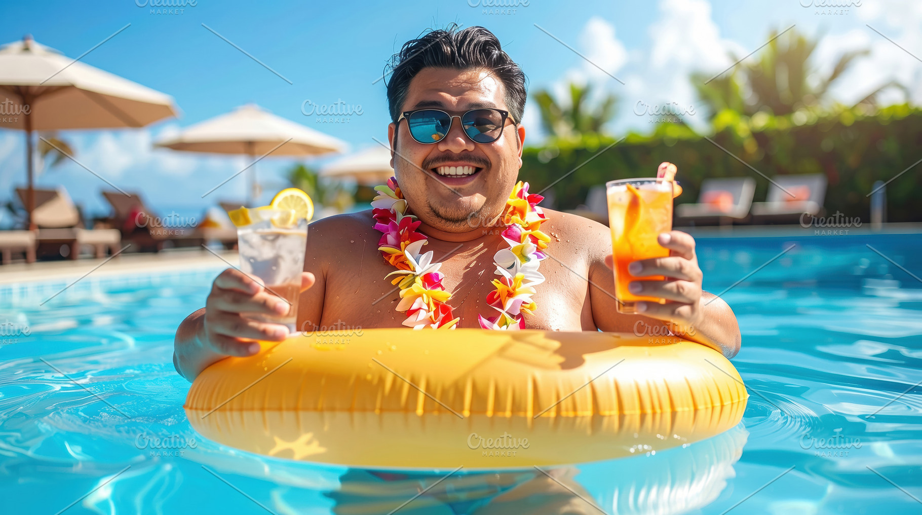 Man Relaxing on Pool Float with Cocktails, a Sports & Recreation Photo by Davizro's Market