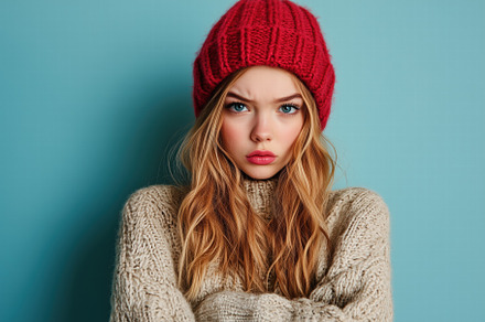 A young woman with long, wavy blonde hair wearing a cozy beige sweater and a br, a Person Photo by Textures & Backgrounds