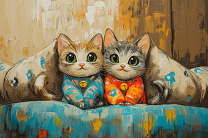 Kittens on Couch in Pajamas Art, an Animal Illustration by Art Paradise Studios