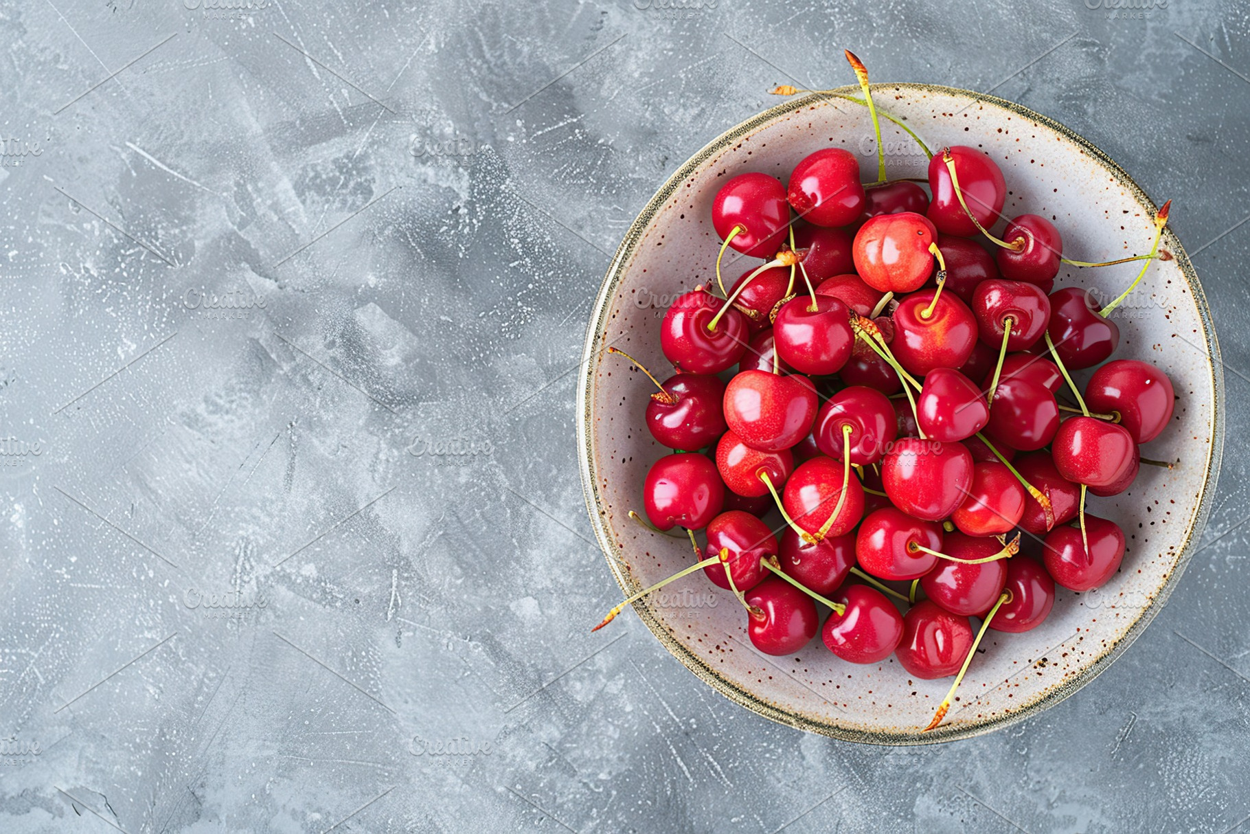 Flat lay of fresh cherries in bowl on grey background, a Food & Drink Photo by AlyaAnd