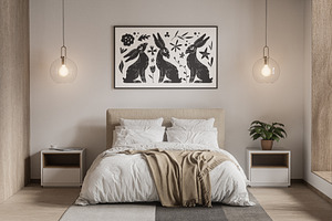 Rabbits. Linocut Vector Collection