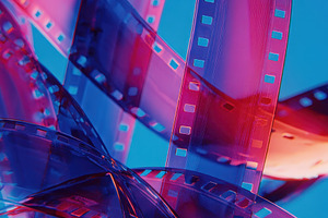 Pink and Blue Film Reels Abstract Ar, a Photo by Pixeness Studio