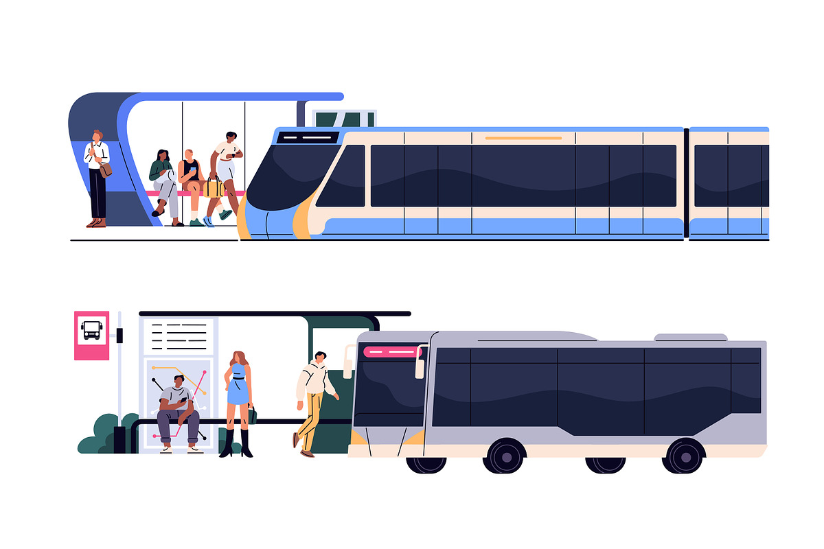 Urban public transport, bus stop set, a Transportation Illustration by PaperTrident (Photo 2 of 7)