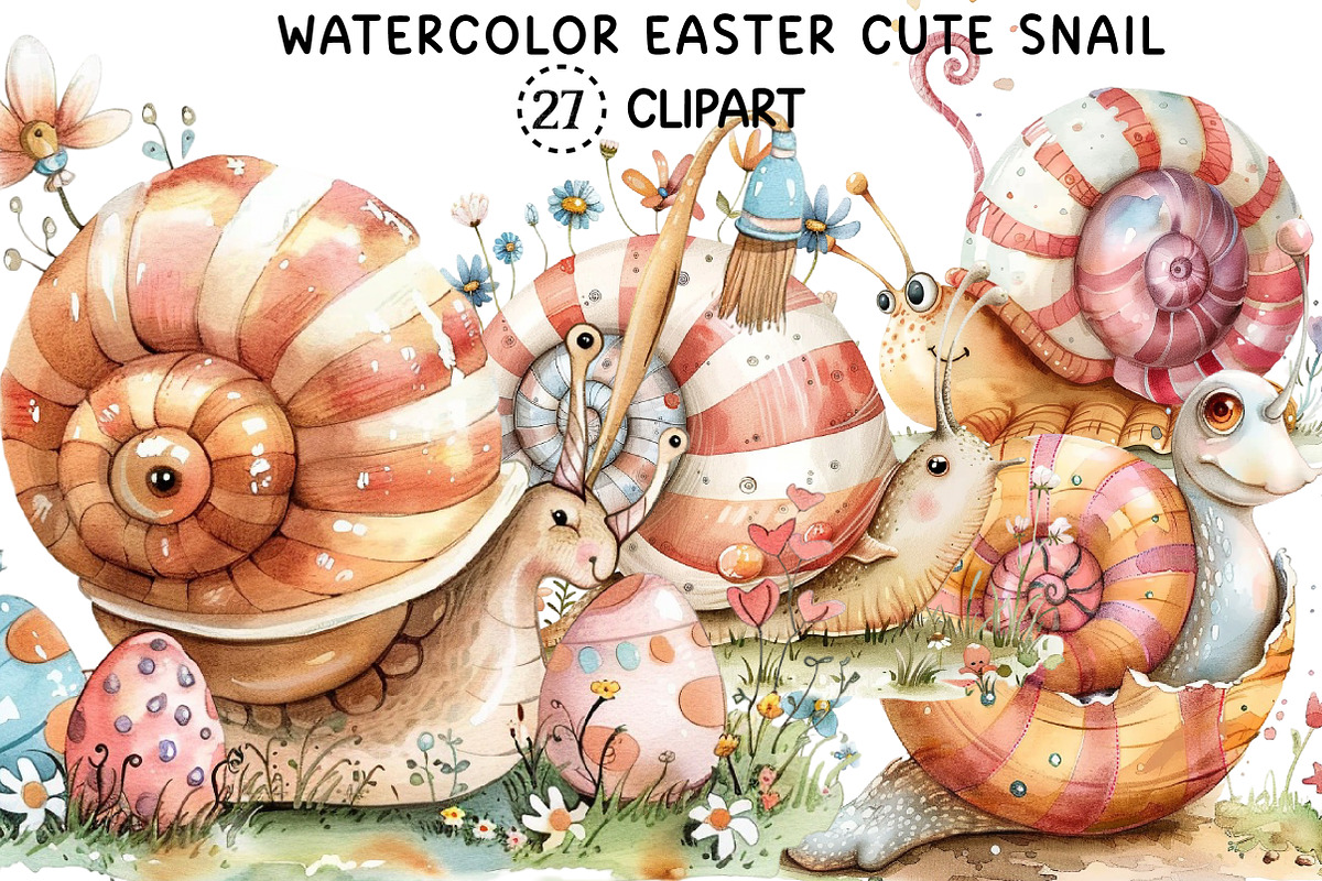 Watercolor Easter Cute Snail Clipart, an Illustration by Creative Art (Photo 1 of 7)