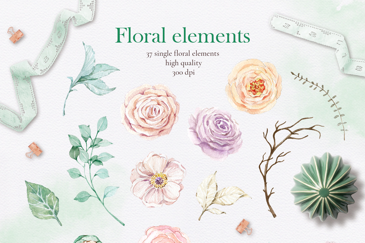 Mint and blush - watercolor clipart, a Decorative Illustration by long summer (Photo 7 of 10)
