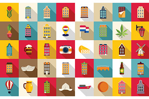 Amsterdam Icons Set Flat Vector