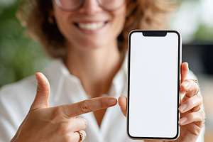 Woman points at smartphone screen in a bright office setting during daytime, a Person Photo by AlyaAnd