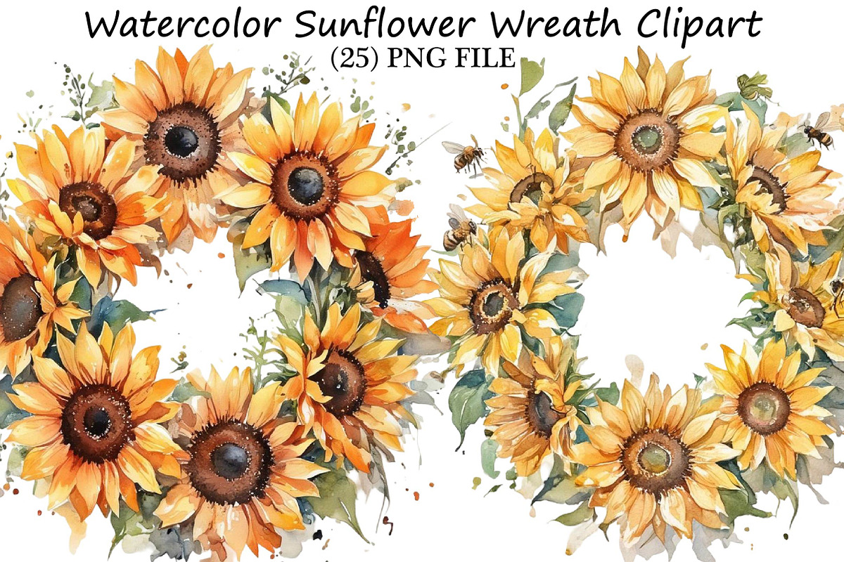 Watercolor Sunflower Wreath Clipart, an Illustration by DreamPrint404 (Photo 1 of 6)
