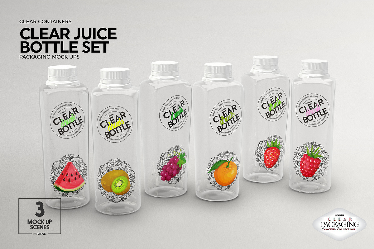 Clear Juice Bottle Sets Mockup, a Packaging Mockup by INCDesign (Photo 6 of 10)