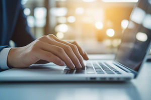 Man in a suit typing on a laptop at, a Business Photo by MistyDay
