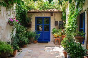 A charming Mediterranean courtyard with a vibrant blue door surrounded by lush, an Architecture Photo by Textures & Backgrounds