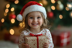Smiling child girl in checkered pajamas and red santa hat on blurred fir tree l, a Holiday Photo by AlyaAnd