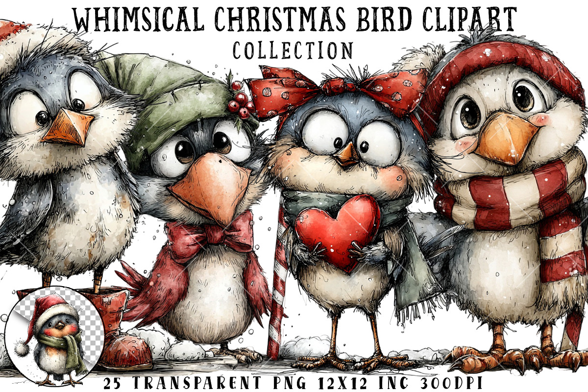 Whimsical Christmas Bird Clipart, an Illustration by OK Design (Photo 1 of 6)
