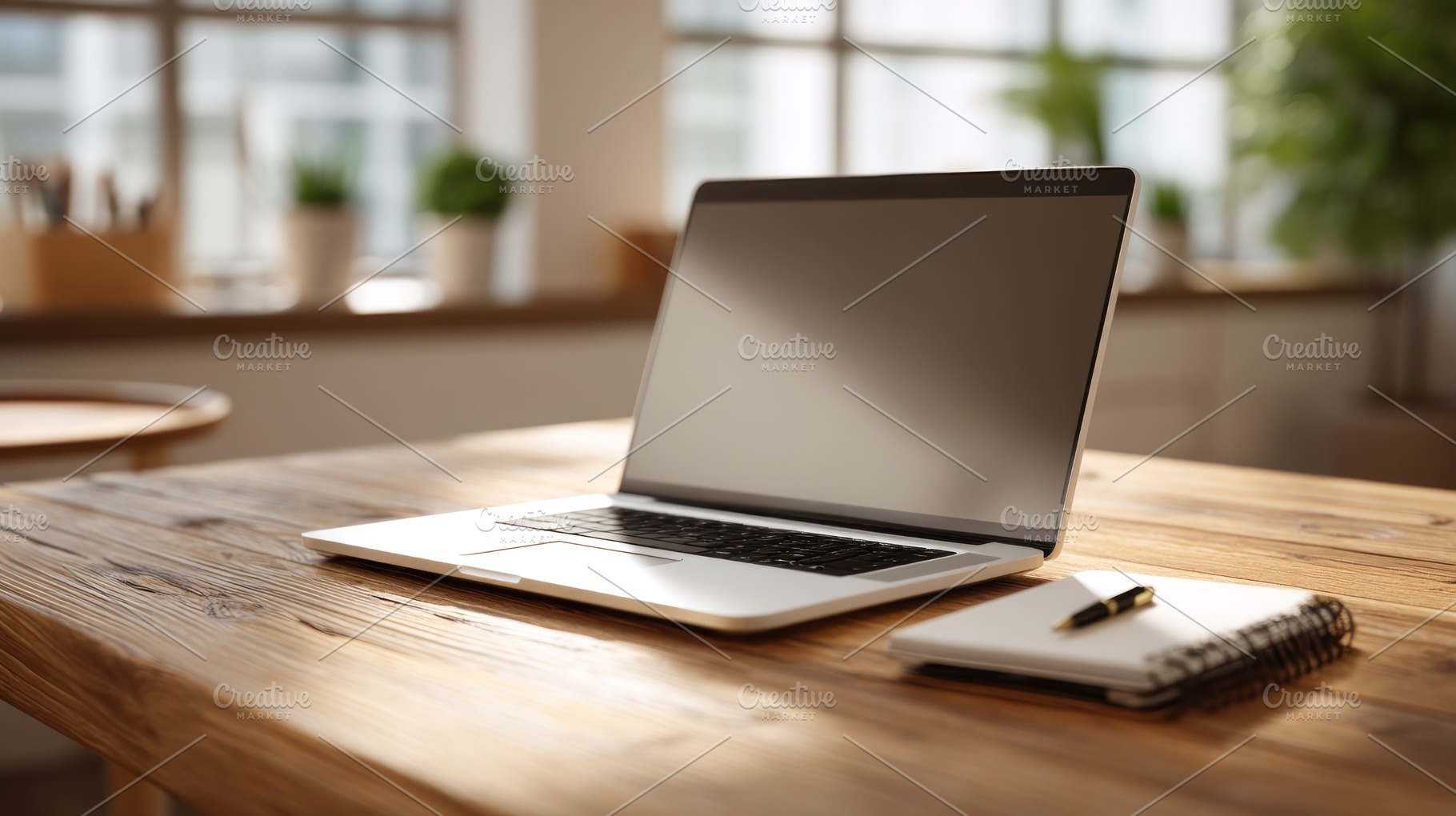 Laptop on rustic wooden desk with spiral notebook and pen in coz, an Abstract Photo by José Manuel Gelpi