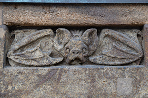 Hamburg, Germany, Detail of a stone carving depicting a bat fig