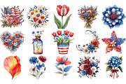 Watercolor Patriotic Floral Clipart, an Illustration by Craft Nest (Thumbnail 2 of 4)