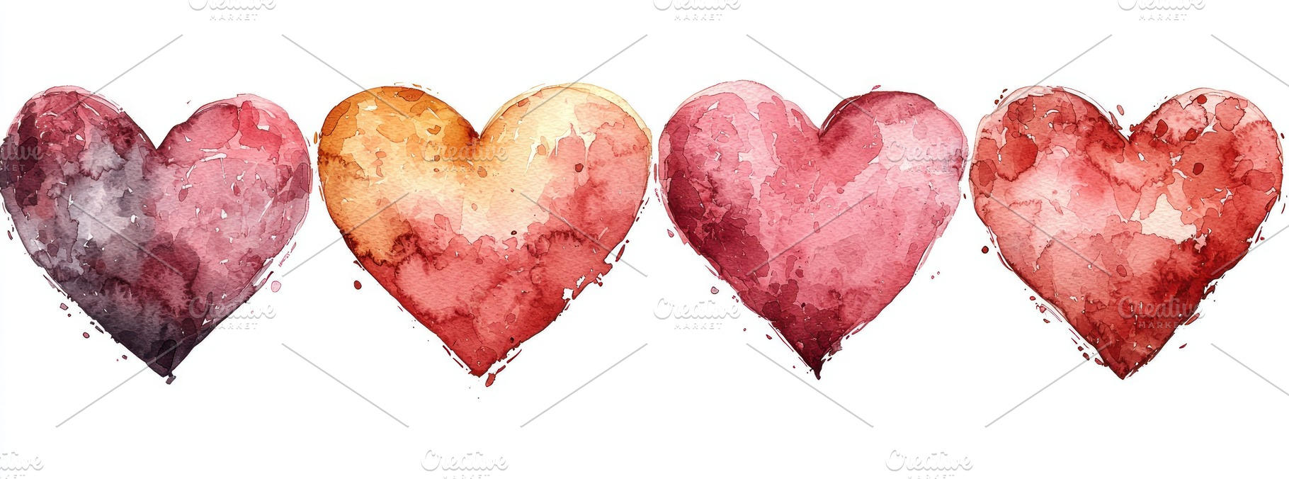 Row of watercolor hearts in shades of red, pink, and orange on a white backgrou, a Holiday Photo by José Manuel Gelpi