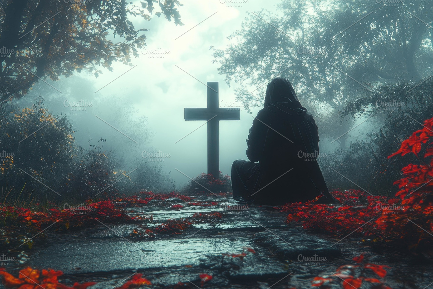 Person in dark robes sits quietly in, a Photo by Tanuart