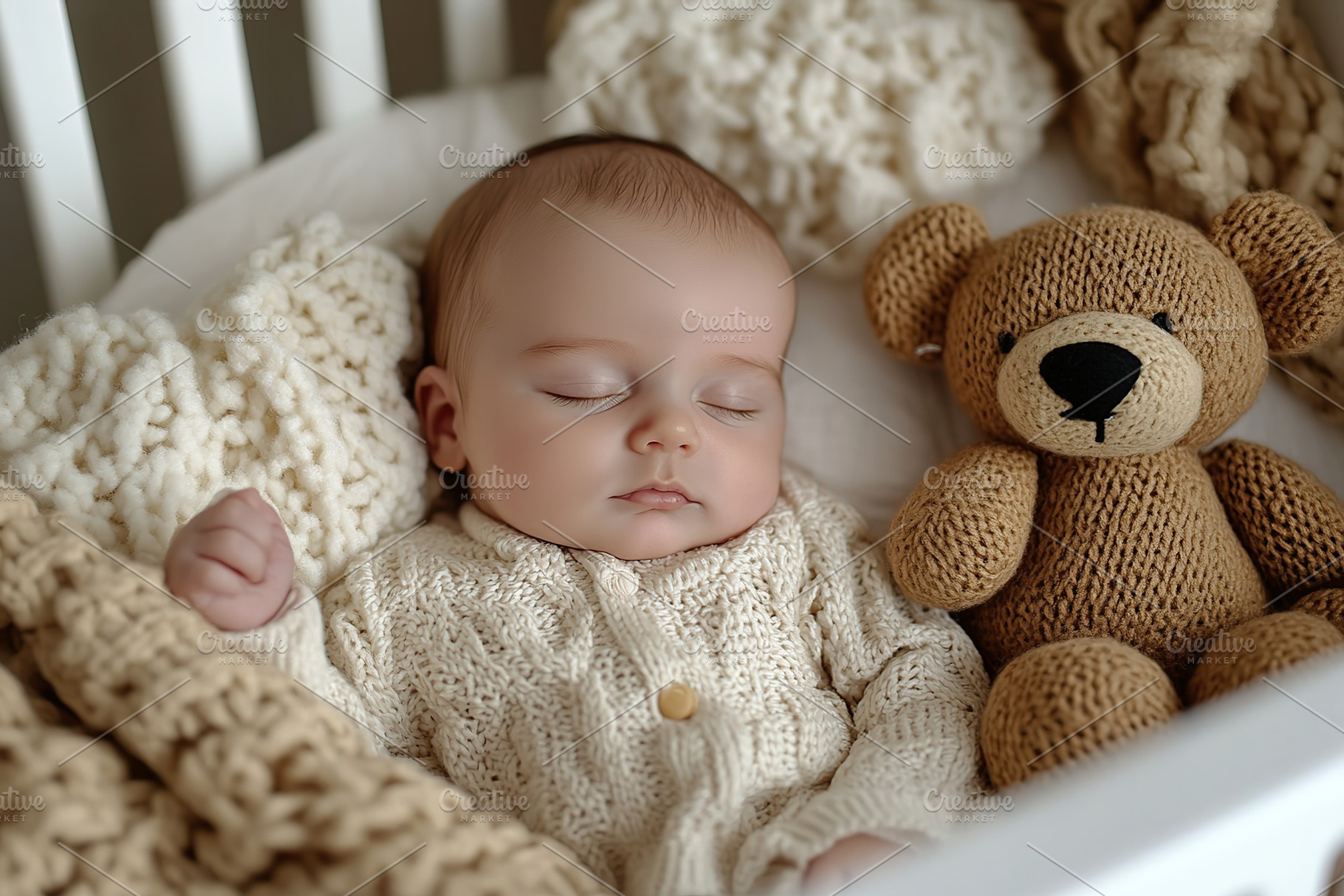 Newborn child in co-sleeper crib sleeping with his bear toy, a Person Photo by AlyaAnd