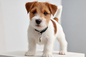 Adorable small puppy standing on a white surface, an Animal Photo by AlyaAnd