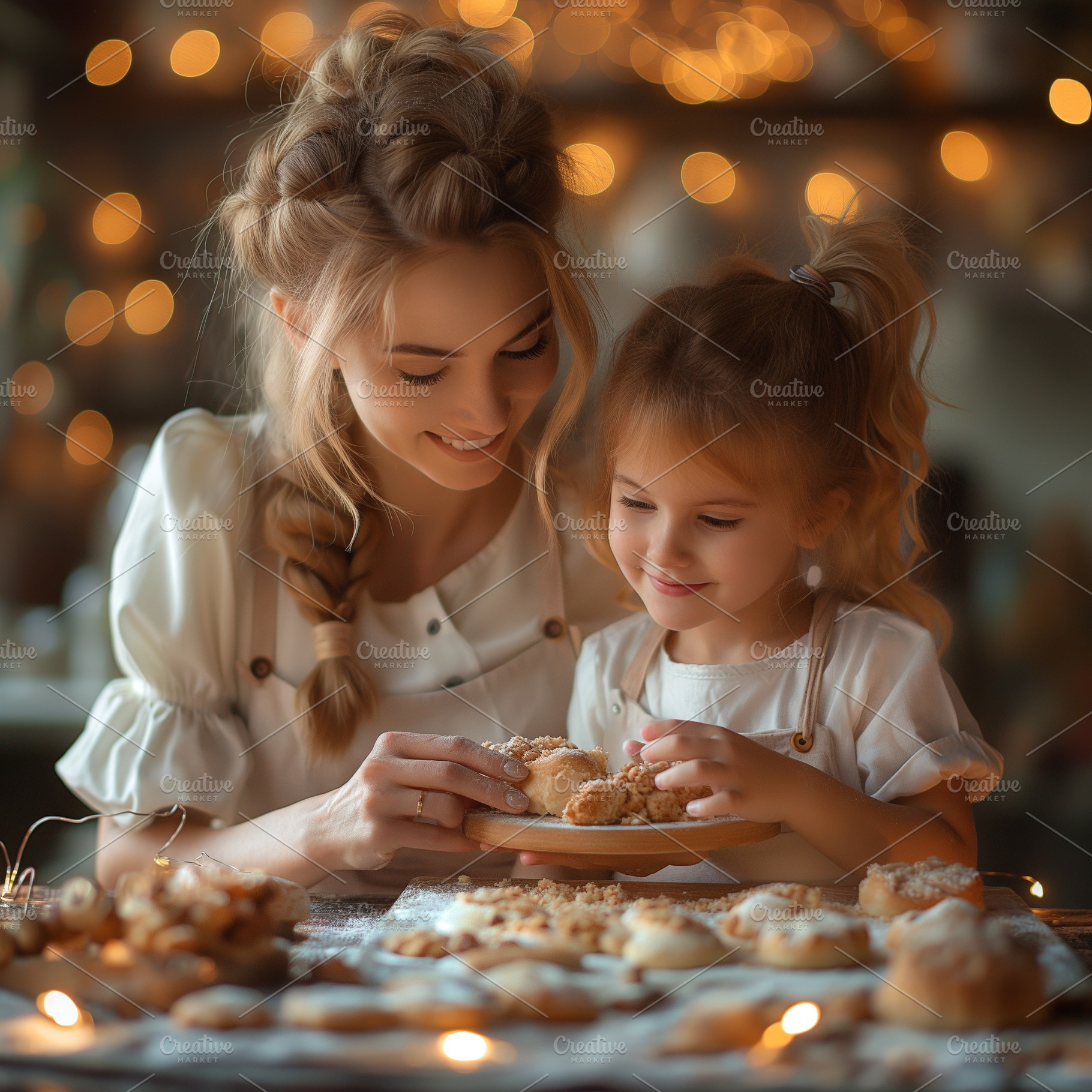 Smiling Caucasian mother and daughter enjoying freshly baked cookies in a cozy,, a Person Photo by ImageMir