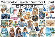 Watercolor Traveler Summer Clipart, an Illustration by Design Market (Thumbnail 1 of 5)