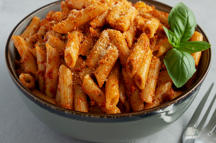 Homemade Tomato Pesto Pasta with Cheese and Basil in a Bowl, sid, a Food & Drink Photo by LiudmylaChuhunova