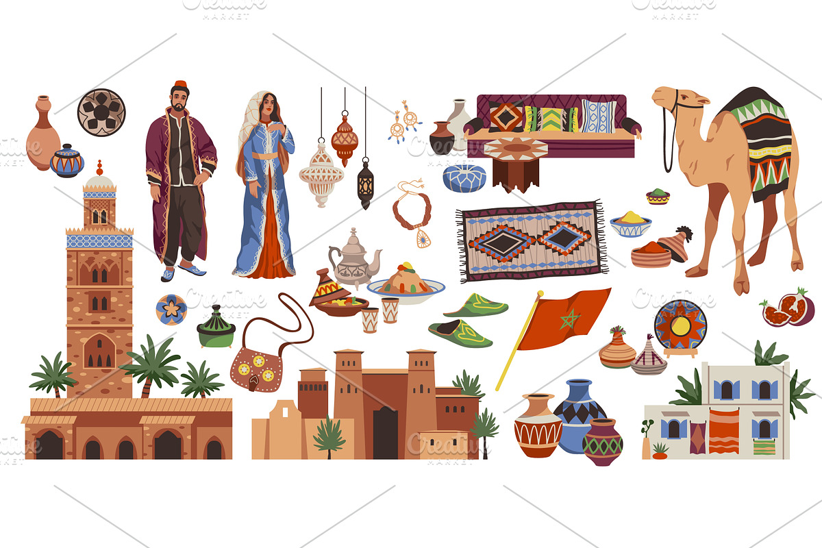 Cartoon morocco elements. Touristic, an Object Illustration by YummyBuum
