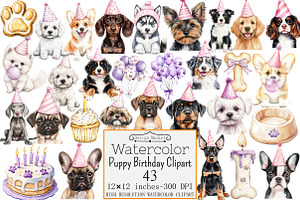 Watercolor Puppy Birthday Clipart, a Seasonal Illustration by Design Market