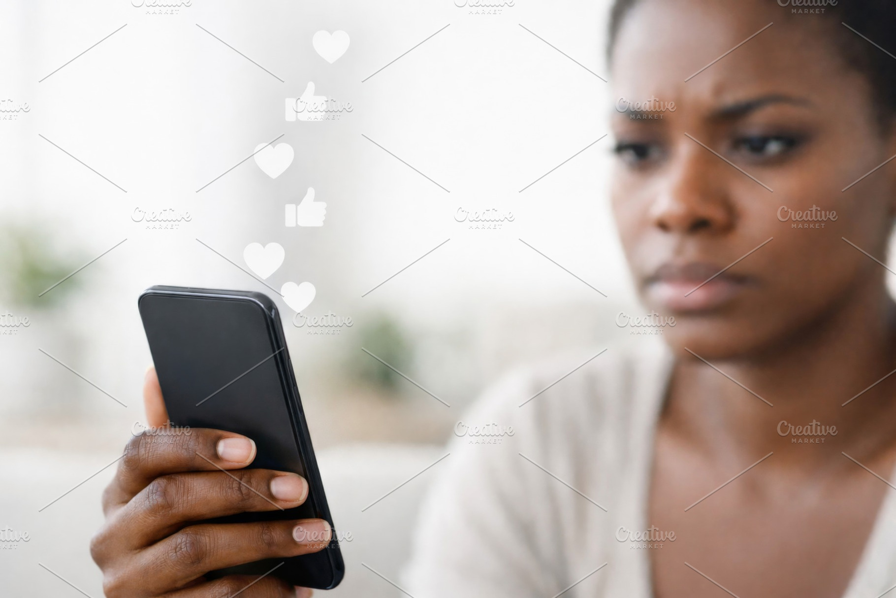 Woman with smartphone displaying soc, a Photo by Dvoevnore photos