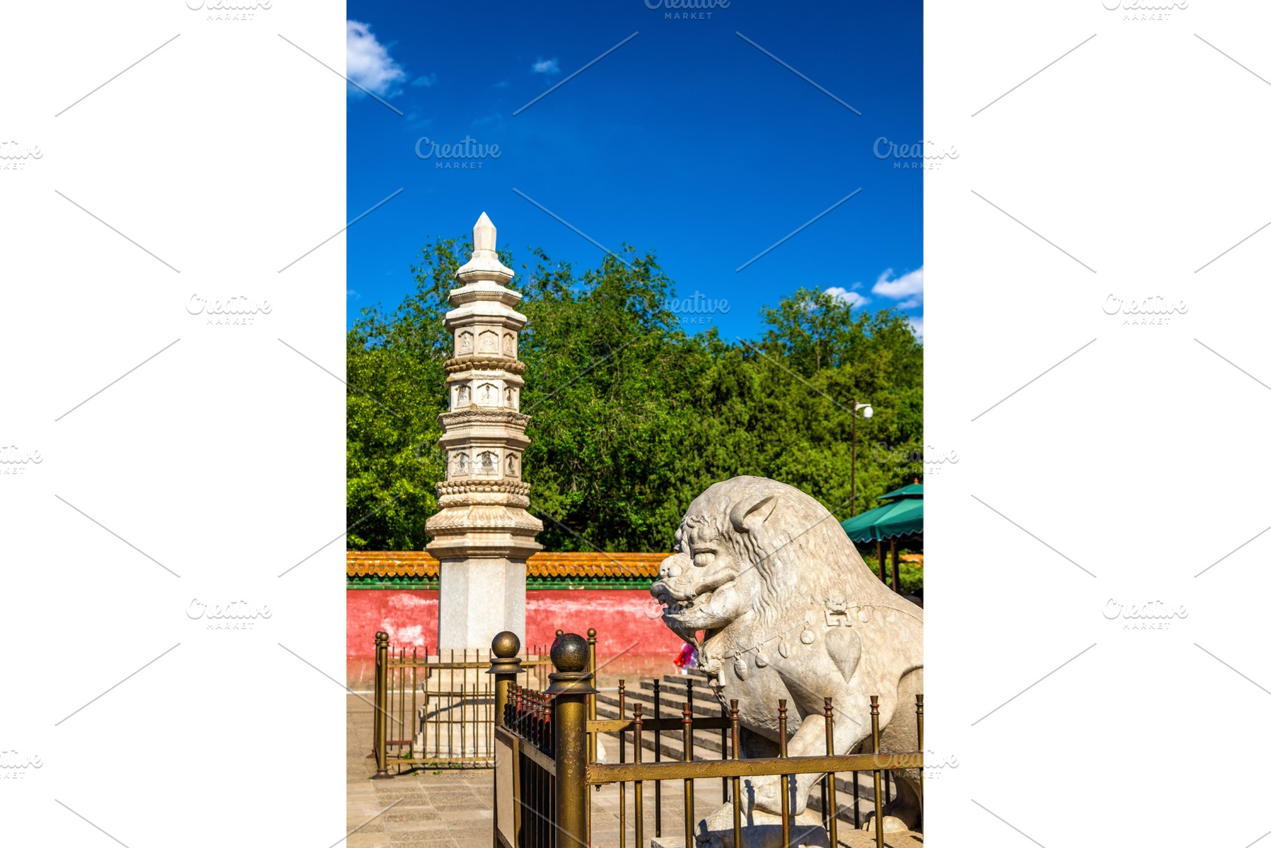 Stone lion and pagoda at the Four Great Regions Temple - Summer Palace, Beijing, an Architecture Photo by Leonid Andronov