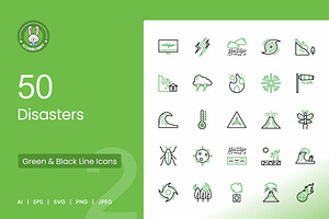 50 Disasters Green & Black Icons, an Icon by IconBunny