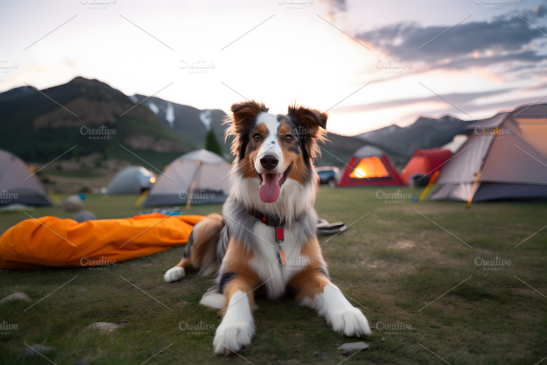 Portrait of Australian Shepherd dog in front of camping tent in mountain forest, an Animal Photo by Lenor4ik