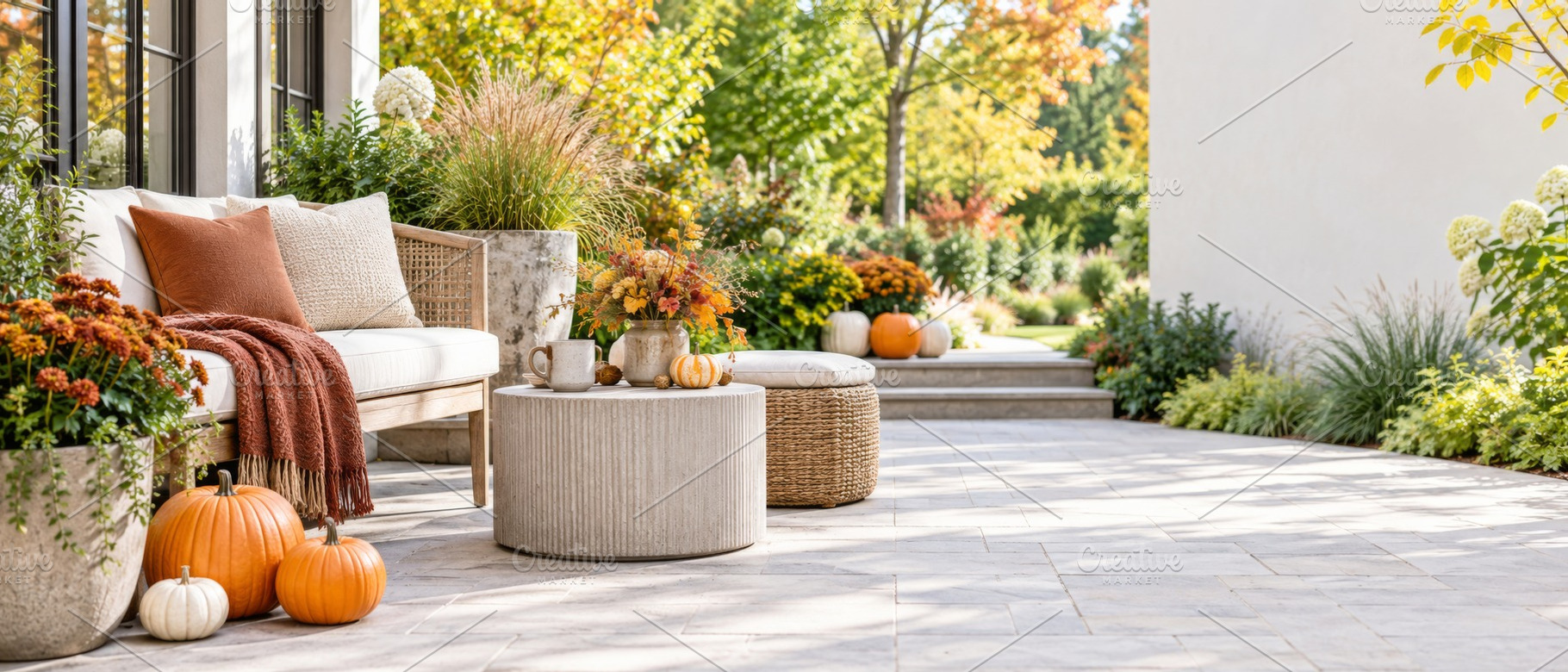 Autumn patio decorated with pumpkins, a Photo by Dvoevnore photos