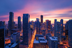 Cityscape at sunset skyscrapers glow, a Photo by Pixeness Studio