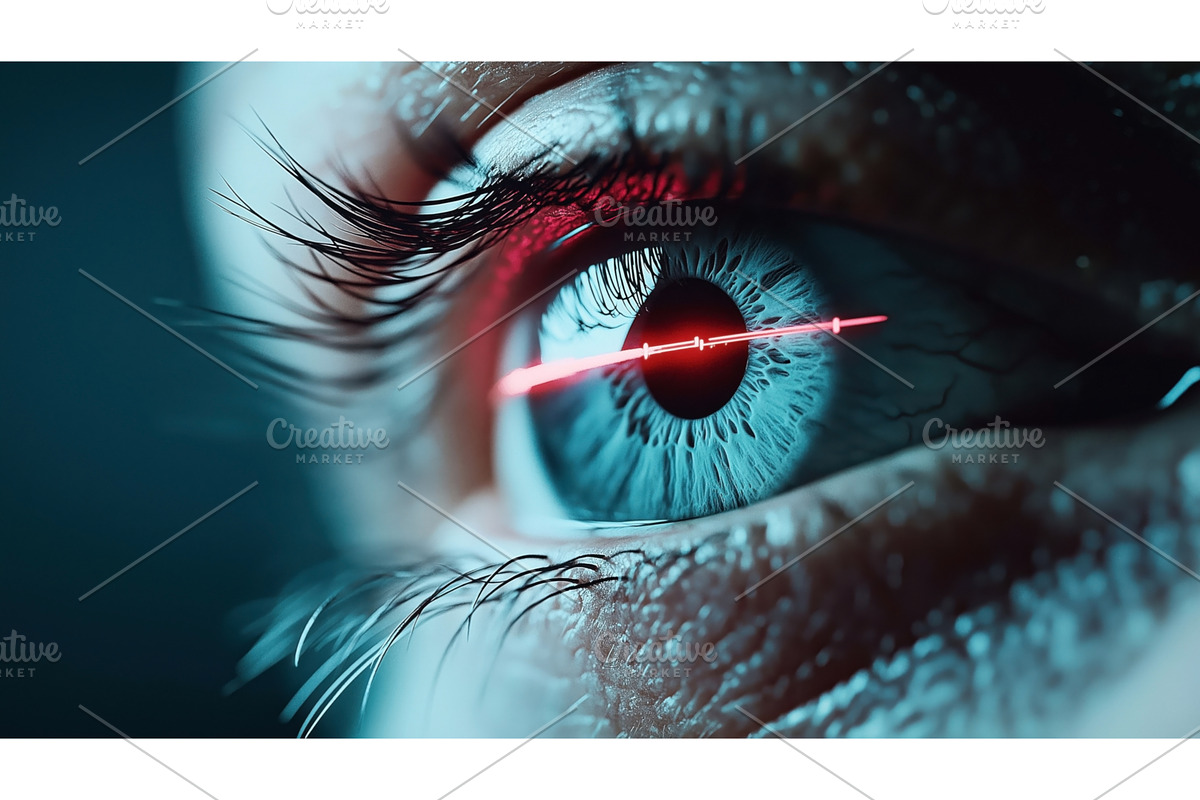 Close-up of a human eye with a red, a Technology Illustration by Sergey Kotenev