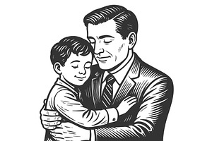 Father hugging son engraving sketch, a Person Illustration by AlexArt