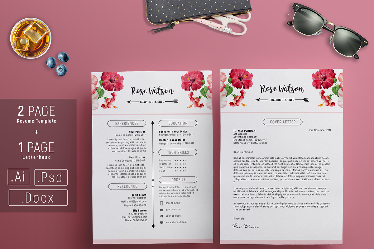 Watercolor Elegant Flower Resume G, a Resume Template by Showy68 Template (Photo 1 of 5)