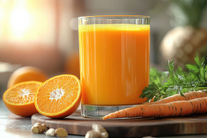 Bright glass of vibrant orange juice, a Food & Drink Photo by Pixeness Studio