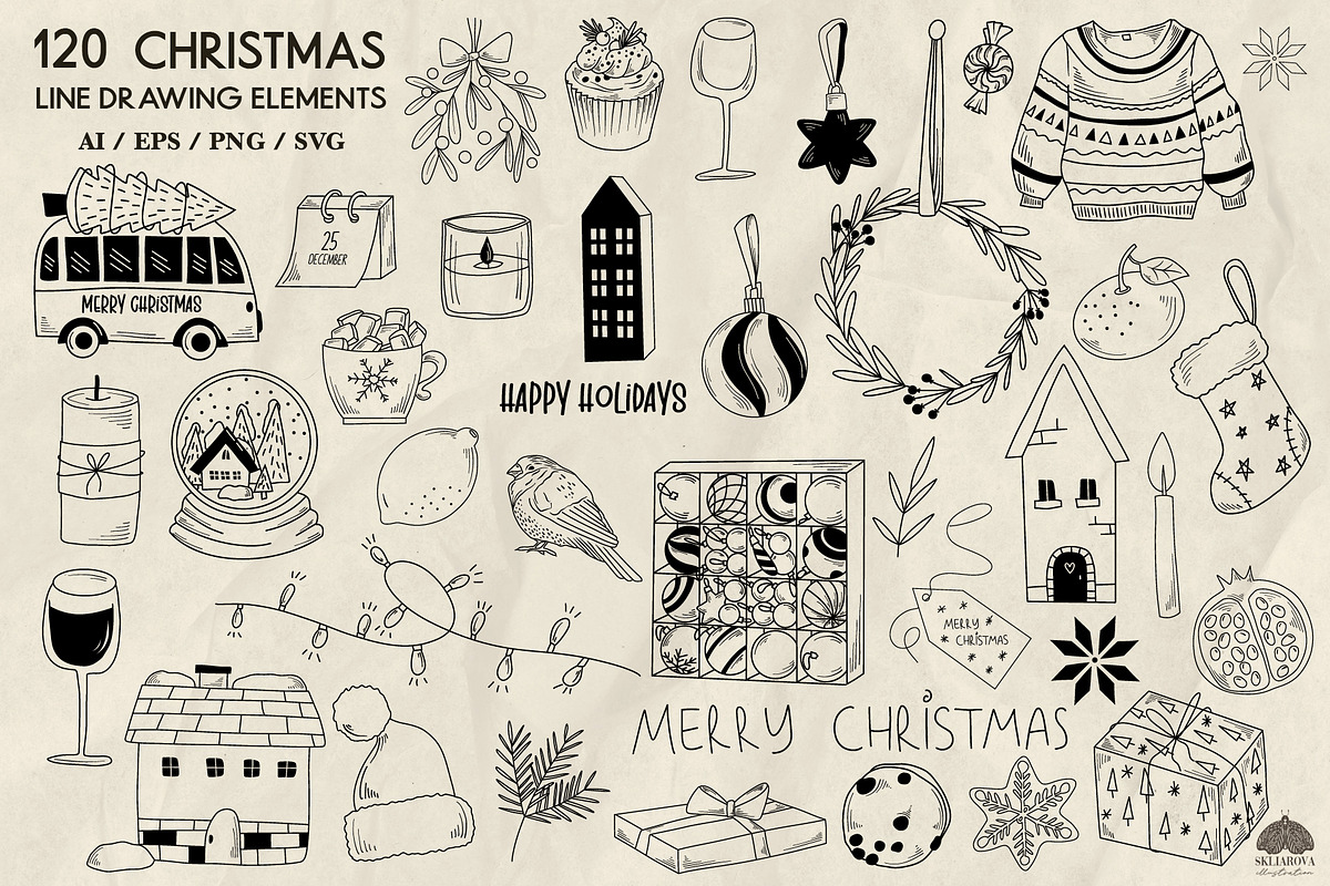 Christmas line drawing set + stamps, an Illustration by Skliarova (Photo 2 of 8)