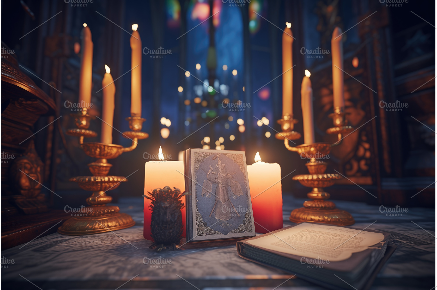 grimoire surrounded by lit pillar, an Abstract Photo by Sergey Kotenev
