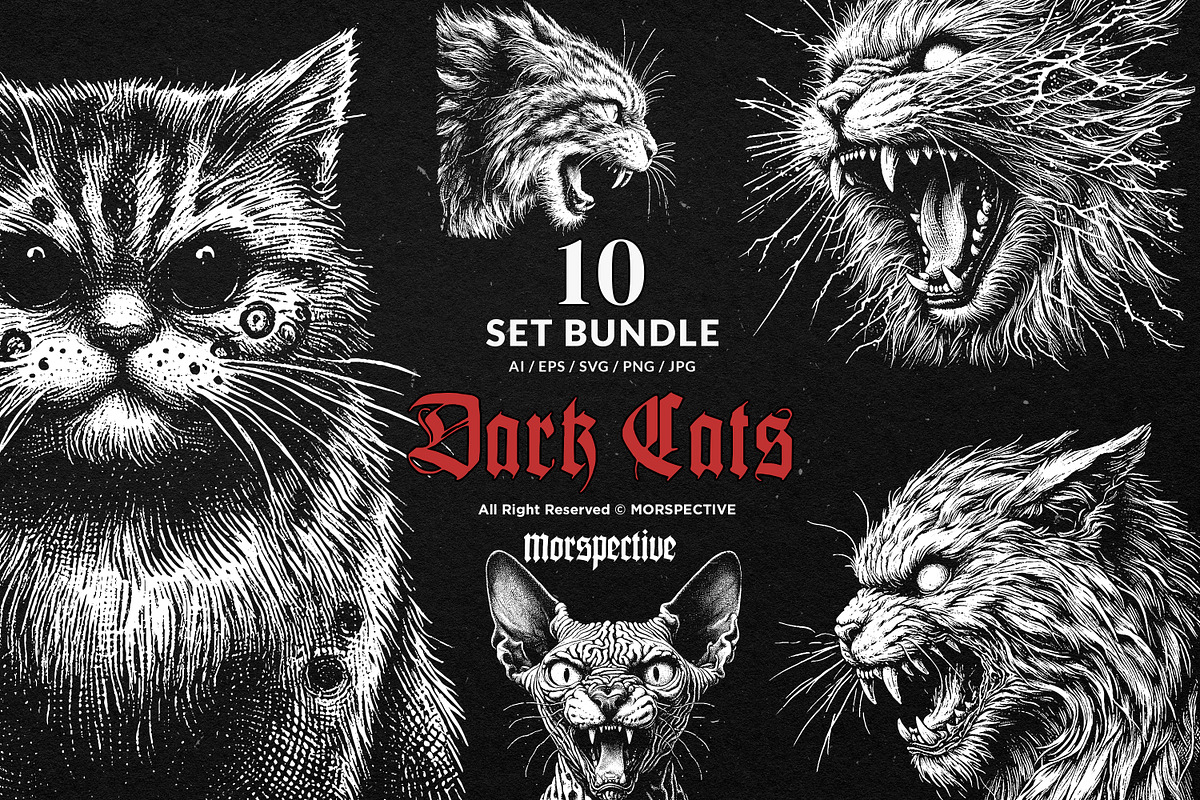10 Bundle Dark Art Cats Gothic, an Illustration by Morspective (Photo 1 of 7)