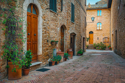 Beautiful arranged street in Tuscany, an Architecture Photo by Alpine Dreams