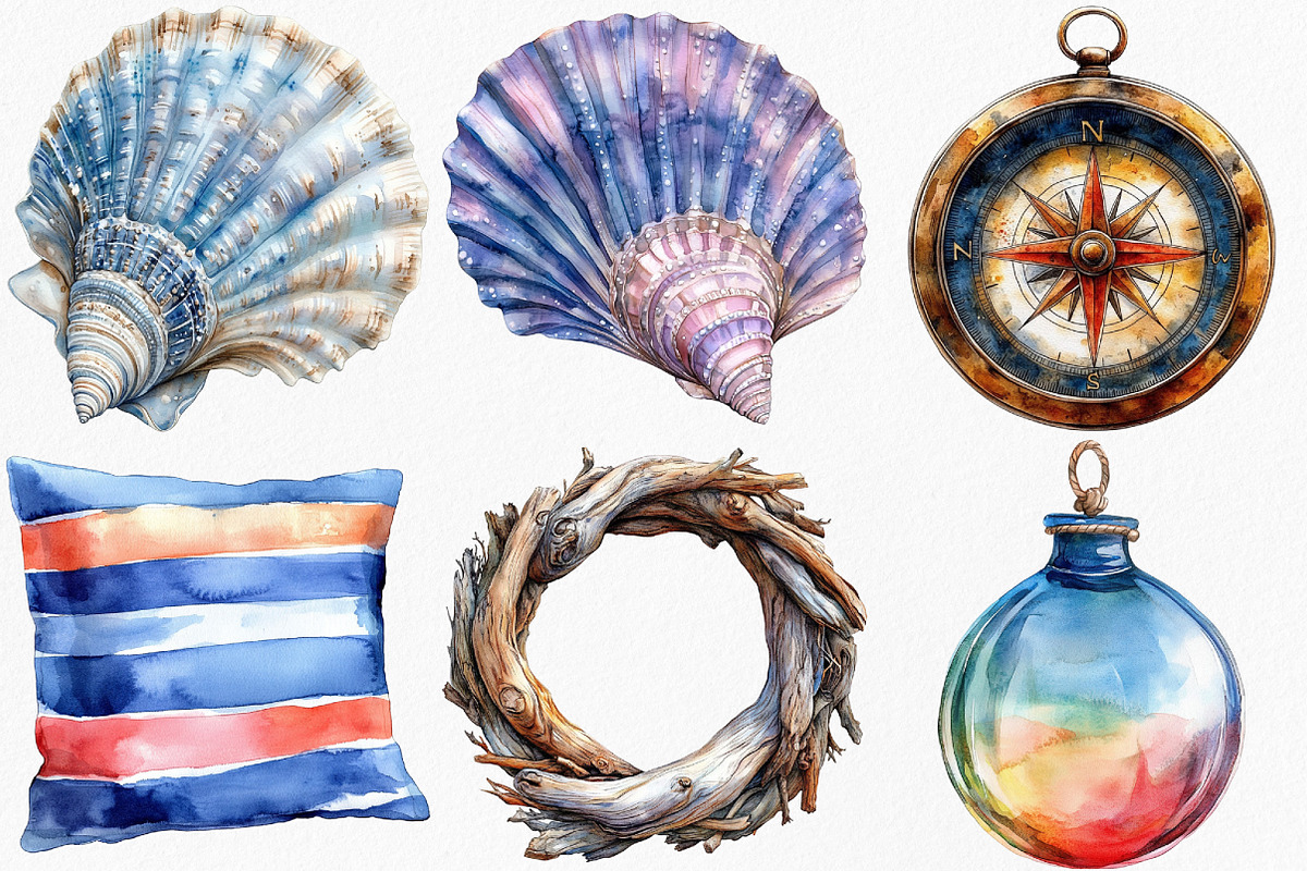 Watercolor Coastal Decor Clipart, an Illustration by Canvas Craft (Photo 2 of 7)