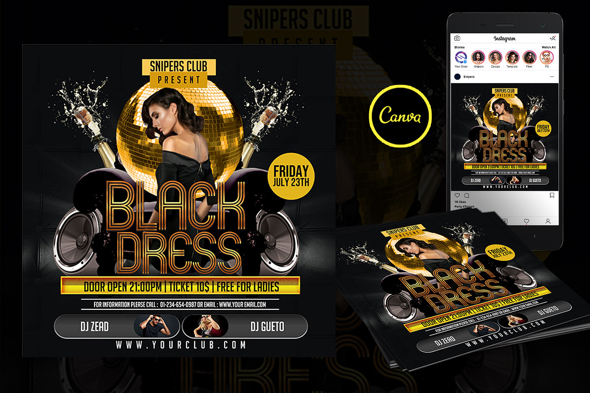 Black Dress Party Flyer Canva Templa, a Social Media Template by DreamColor