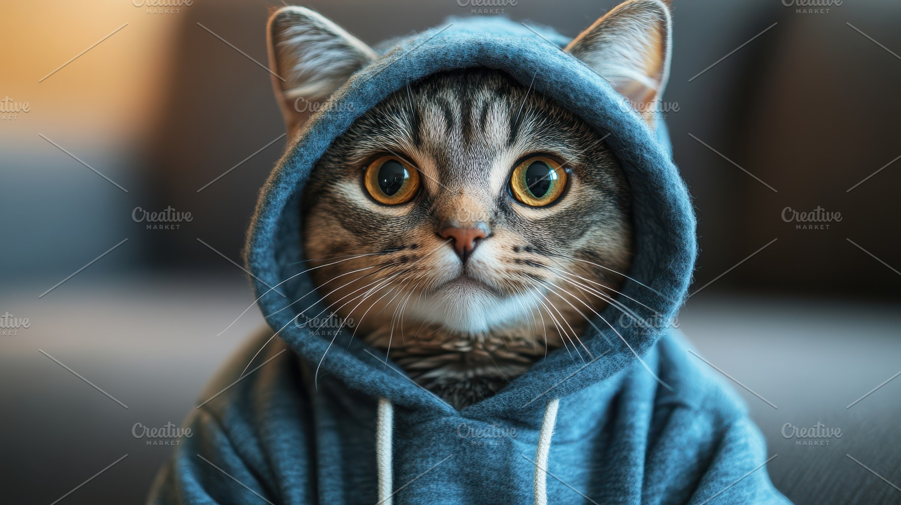 Cat wearing a hoodie. Close up of a, an Animal Photo by Pixeness Studio