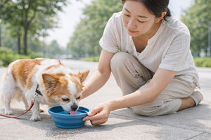 Woman helping dog drink water during, a Photo by Dvoevnore photos