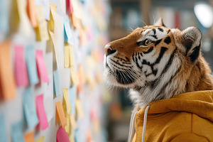 Tiger in a hoodie standing next to a colorful wall covered in sticky notes insi, a Photo by AlyaAnd