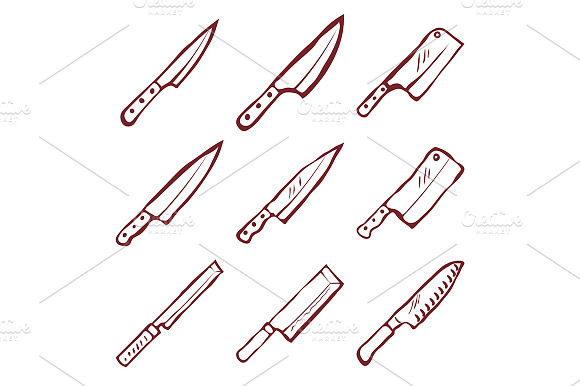 Set Of Nine Kitchen Knives Vector