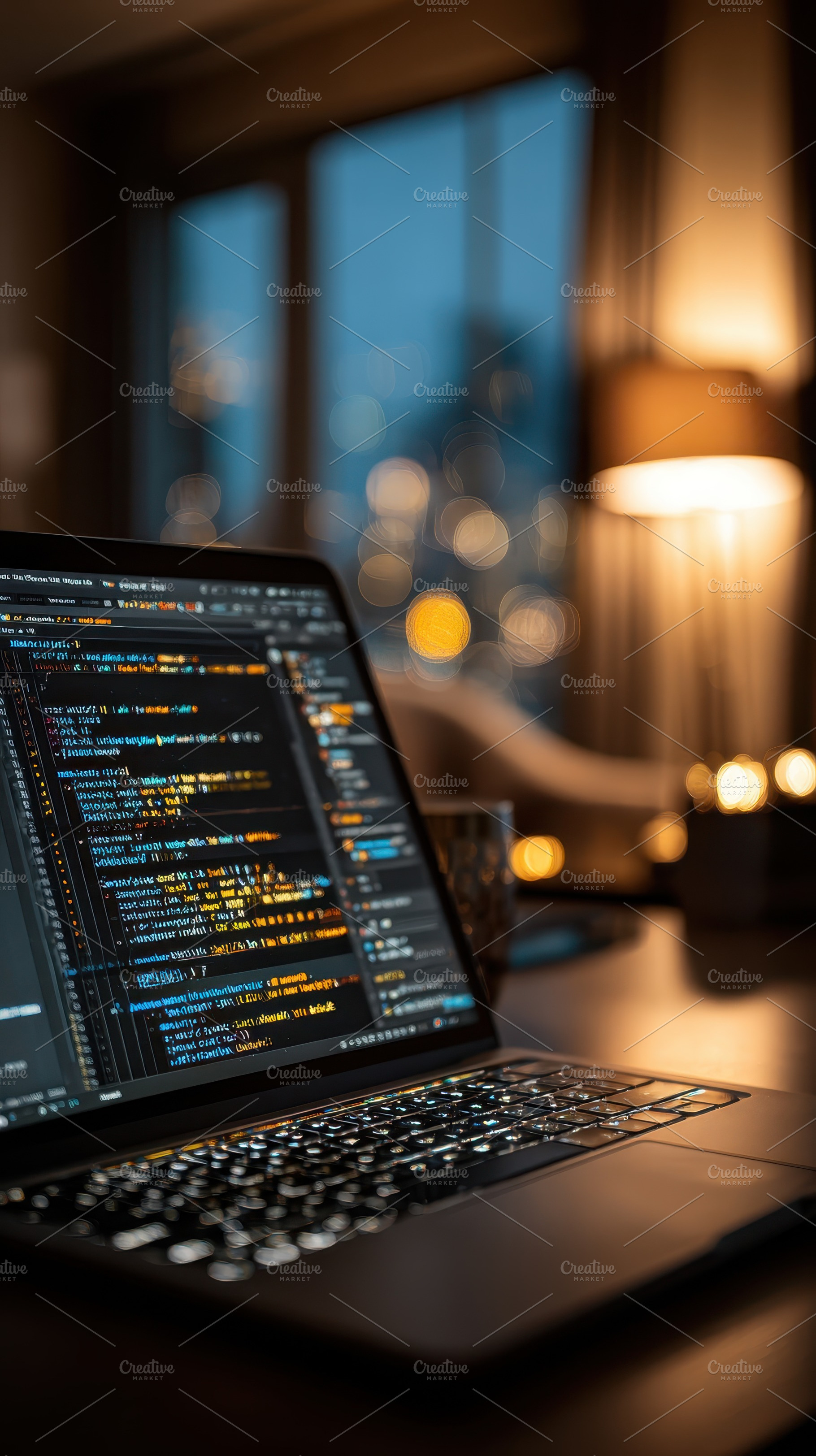 Laptop Coding Night City Lights, a Photo by Pixeness Studio